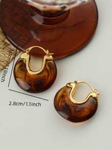 4对复古奢华金边树脂耳环，水墨画风格，琥珀色，白色C形耳环，小众设计，适合送礼，节日佩戴 - 彩色 - 查看 9