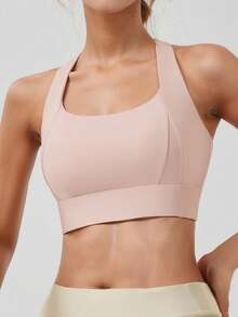 Sujetador deportivo sin cables con espalda cruzada y tirantes, con almohadillas extraíbles, cómodo camiseta interior delgada para correr, yoga y uso al aire libre - Rosa - Ver 2