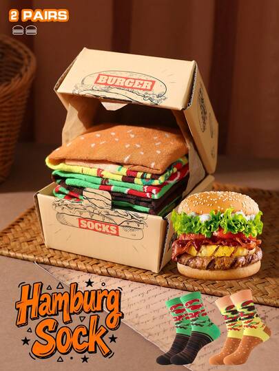 2 Pairs Multicolor Mid-Calf Gift Socks, Unisex Couples Design, Soft Hamburger Novelty Socks, Imaginative Food-Inspired Creative Design, Comfortable & Versatile, Suitable For Birthday, Valentine's Day, Easter, Ramadan, Date, Family Gathering