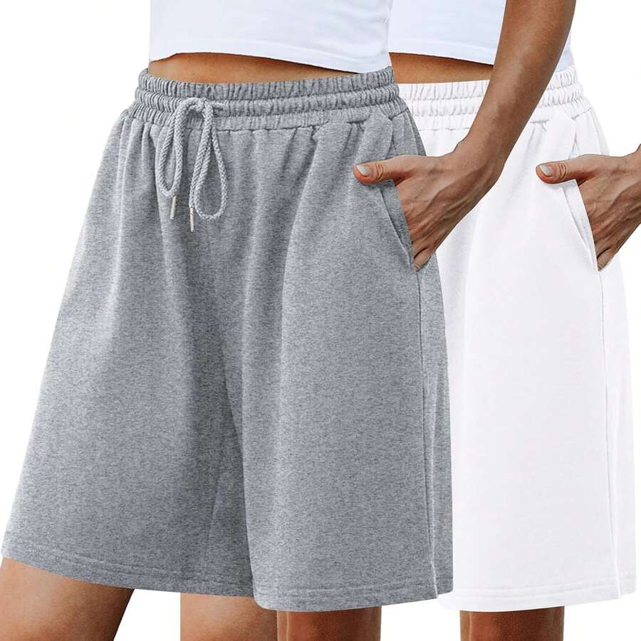 Quenteen Women's Sweat Shorts Bermuda Long Shorts Athletic Casual Loose Cotton Shorts (Available In Plus Size)A Valentine's Day 46QM - 灰白色 - 查看 1