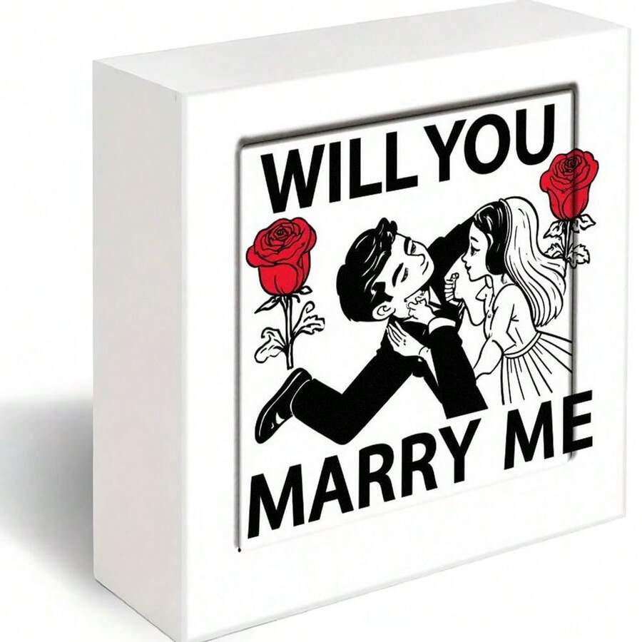 WILL YOU MARRY ME Romantic Marriage Proposal Decorative Wooden Box - White Exterior With Bold Text, Stylized Couple Illustration & Red Roses, Perfect Valentine's Day Anniversary Proposal Keepsake Gift - White - View 1