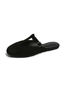 Women's Fashion Summer Sandals Suede Strap Retro Flat Slip-On Backless Casual Shoes - Black - View 5