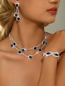 4件套水钻首饰，包括（1条项链+1对耳环+1条手链），时尚百搭，适合女性日常佩戴、婚礼、派对和其他场合。 - 848592 - 查看 2