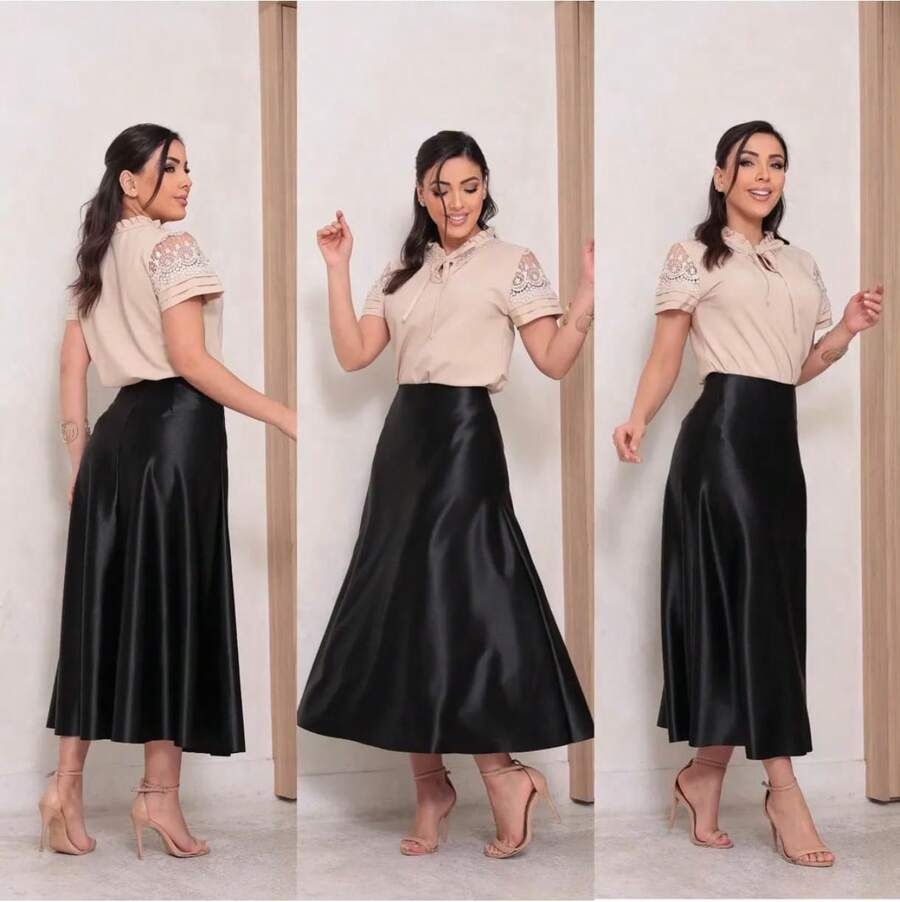 Women's Skirt, Formal Skirt, A-Line Satin Midi Skirt, Elegant Skirt, Stylish, Asymmetrical. - 黑色 - 查看 1