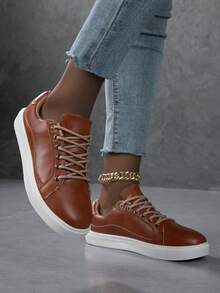 女士休闲运动鞋，时尚街头风白色鞋，轻便滑板鞋 - 鏽棕色 - 查看 5