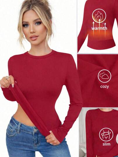 1 pieza Camiseta de cuello redondo de manga larga con forro térmico para otoño/invierno, capa base versátil de activewear casual y ajustado para mujer