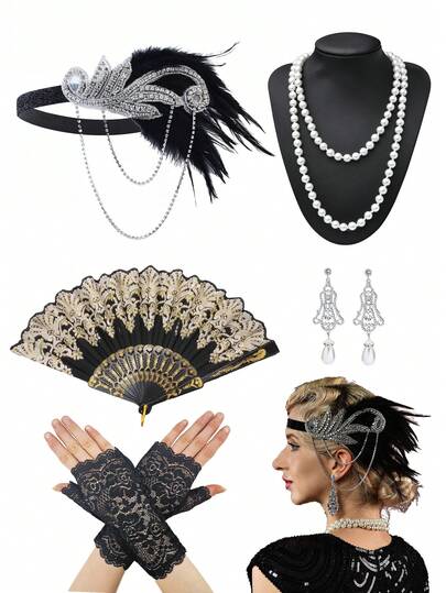 5件套 Forever & Moment 20-50年代茶会舞会服装配饰套装，包括：复古发箍、复古耳环、仿珍珠项链、手扇、蕾丝手套 - 适用于歌剧、1920年代茶会、角色扮演、婚礼、教堂舞台表演装饰、友谊礼物