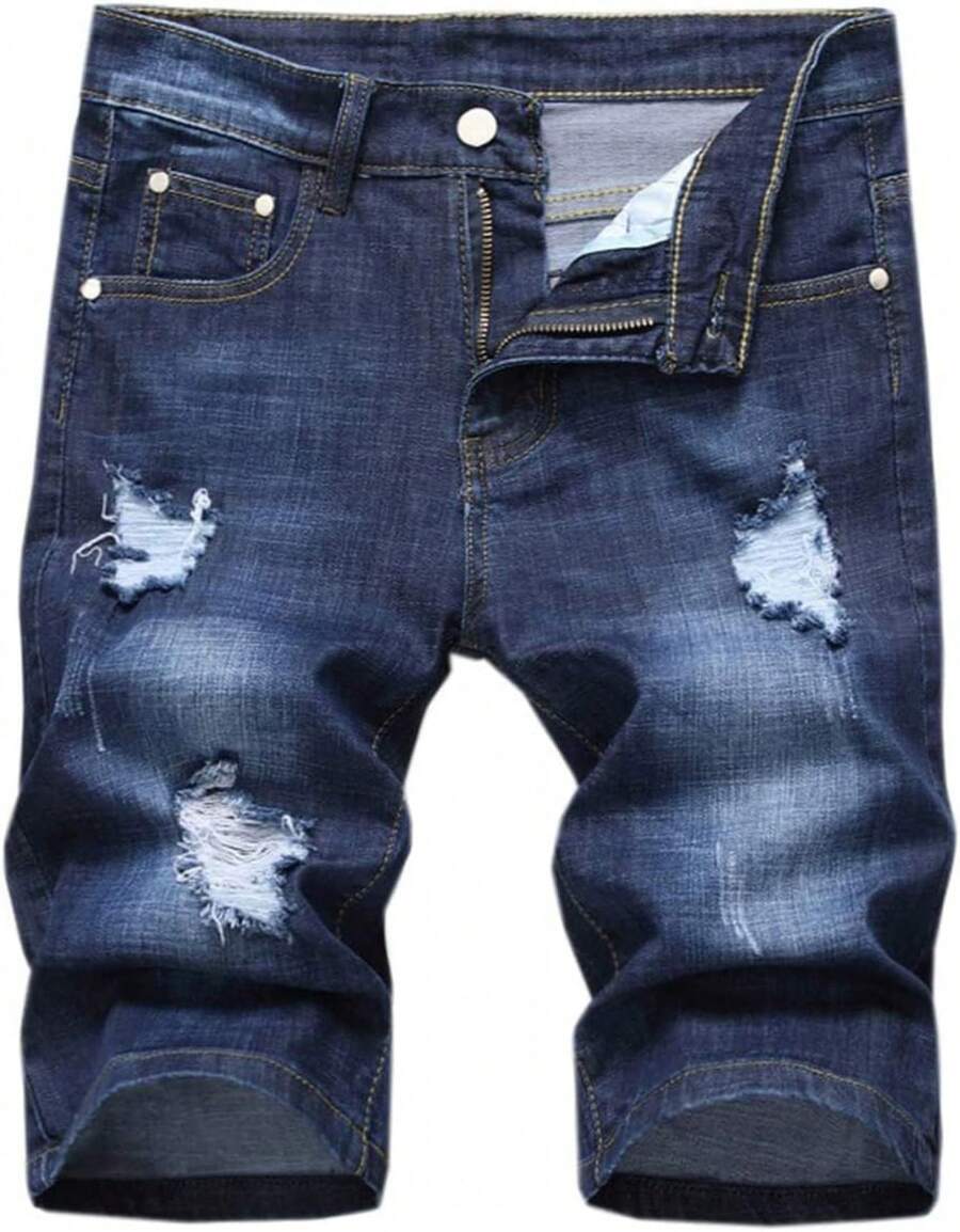 Men's Ripped Shorts & Jeans Summer Casual Classic Straight Distressed Ripped Short JeansA Valentine's Day XJS7 - 301# Dark Blue - View 1