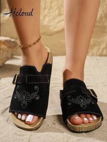 波西米亚刺绣休闲平底凉鞋 - 黑色 - 查看 1