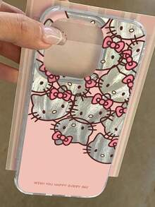 Sanrio新款羽毛雪纺粉色背景Hello Kitty蝴蝶结可爱猫咪手机壳，兼容 17 Pro Max、16 Pro Max、15 Pro、14、13、12、11，时尚卡通小众非主流设计 - 彩色 - 查看 2