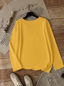 Camiseta amarilla de manga larga con cuello en V casual y versátil para mujer, camiseta suelta de hombros caídos de unicolor, semitransparente - Amarillo - Ver 7