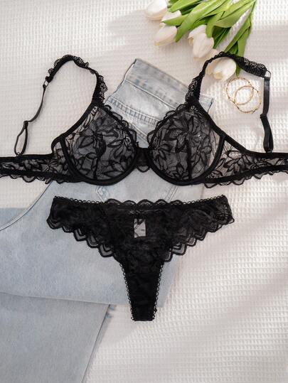1 Set Women's Solid Color Lace Underwire Soft Cup Comfortable Lingerie Set