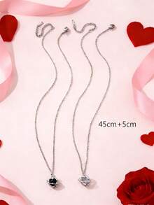 两件套时尚心形金属镶嵌水晶锆石钻石吊坠项链套装，男女皆宜，情人节、送给爱人、朋友的礼物 - 彩色 - 查看 11