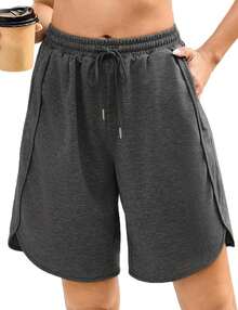 Quenteen Women's Sweat Shorts Bermuda Long Shorts Athletic Casual Loose Cotton Shorts (Available In Plus Size)A Valentine's Day 46QM - 9吋深灰色 - 查看 8
