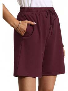 Quenteen Women's Sweat Shorts Bermuda Long Shorts Athletic Casual Loose Cotton Shorts (Available In Plus Size)A Valentine's Day 46QM - 酒紅色 - 查看 8