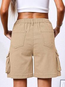 ELLEVEN Bermuda Cargo Shorts Women, Elastic High Waist 6 Pockets Shorts Inch Inseam Summer Jorts Women CasualA Valentine's Day 4RIF - 米色 - 查看 2
