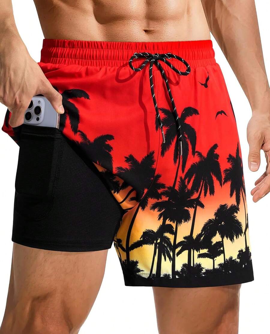 4inch Mens Swim Trunks: With Compression Liner Zipper Pocket Drawstring Quick Dry Stretch Lined Tree Beach PoolA Valentine's Day HZTD - 日落海灘-2 - 查看 1