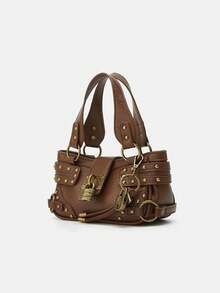 Women's Rivet Shoulder Bag, Leather Handbag, Y2K Baddie Washed Bag, Top Handle Tote Bag, Adjustable Shoulder Strap, Vintage Lock Clasp - Coffee - View 2