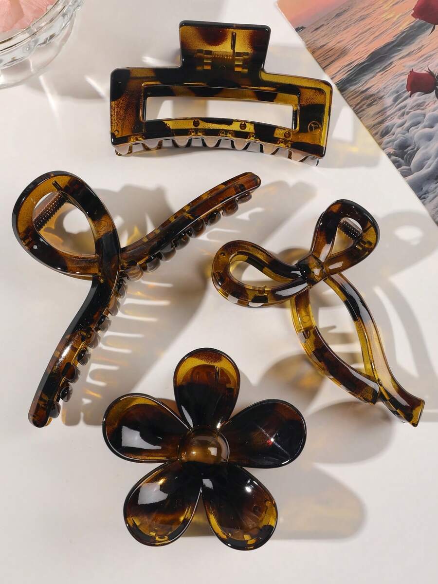 4个琥珀色豹纹渐变透明亮面印花经典流行街头风发爪夹，适合盘发，四季皆宜的女士时尚发饰发夹 - 彩色 - 查看 1