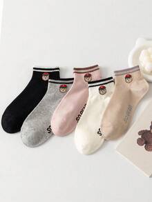 5 Pairs Women's Cute Cartoon Bear Print Socks, Breathable, Versatile Short Socks, Minimalist Japanese Style - Multicolor - View 5