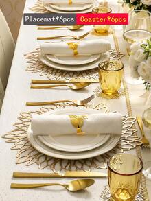 12pcs Gold Flower 15-Inch Round Placemats, PVC, 3.94-Inch Round Hollow Flower Coasters, Washable, Easy Clean, Wipe-Clean, Non-Slip, Heat-Resistant, Suitable For Room Decor, Dining Table Decor, Home Decor, Holidays, Parties, Birthdays, Weddings And Dinners - Multicolor - View 19