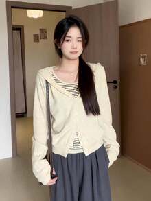 女士条纹连帽二合一长袖针织衫，休闲百搭，春秋季 - 杏色 - 查看 2