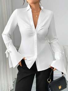 Plus Size Pleated Ribbon Decor Solid Color Long Sleeve Office Shirt White Spring - White - View 3