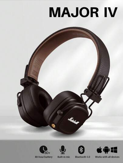 Marshall Major IV trådlösa hörlurar, 80 timmars batteritid, Bluetooth 5.0, klassisk rockdesign, vikbara, öronkåpor i minnesskum, trådanslutna/trådlösa dubbellägen för resor, pendling, musik