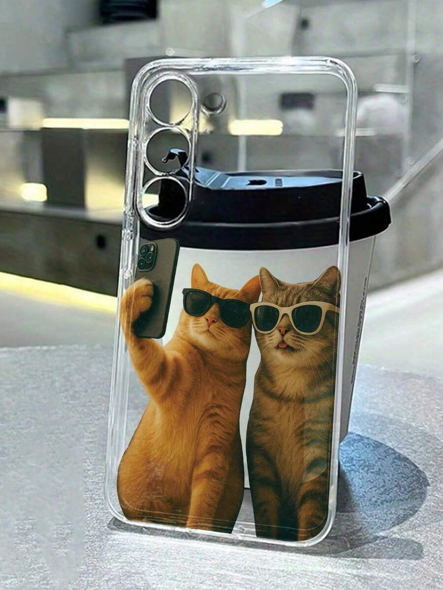 Cartoon Cat With Glasses Painted Anti-Drop Transparent Minimalist Shockproof Phone Case Compatible With IPhone 17/17 Pro, 16/15 XR/7/8, 16 Pro Max, 13/14 Series, Galaxy, Redmi 10/9/Note Series - Multicolor - View 1