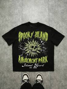 Spooky Island Amusement Park Skull Print T - Shirt,Comfortable Casual Short Sleeve, 220 Grams Heavyweight 100 Percent Cotton Graphic T Shirts,Men's Gifts,Funny T-Shirt,,Valentine's Day - 黑色 - 查看 1