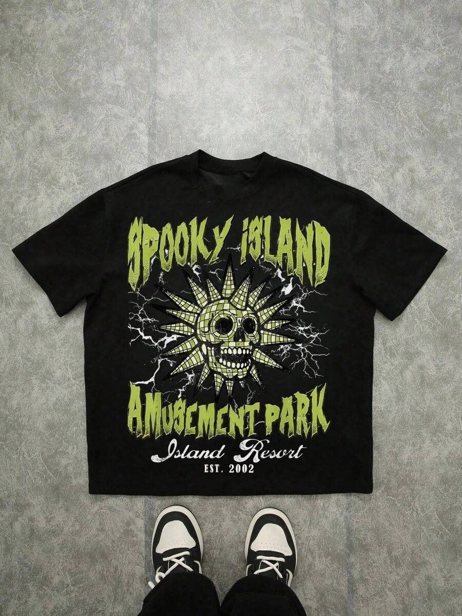 Spooky Island Amusement Park Skull Print T - Shirt,Comfortable Casual Short Sleeve, 220 Grams Heavyweight 100 Percent Cotton Graphic T Shirts,Men's Gifts,Funny T-Shirt,,Valentine's Day - 黑色 - 查看 1