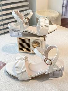 White Pleated Wide Strap Sandals - Cushioned Sole, Transparent Chunky Heel, Adjustable Ankle Strap - White - View 7