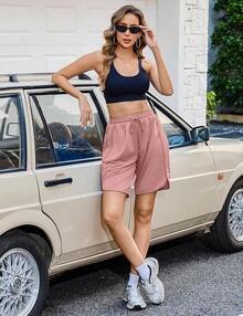 Quenteen Women's Sweat Shorts Bermuda Long Shorts Athletic Casual Loose Cotton Shorts (Available In Plus Size)A Valentine's Day 46QM - Xám + Đen - Xem 2