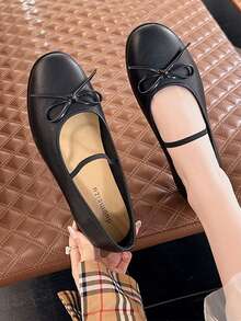 Women's Fashion Flat Mary Jane Shoes, Silver Color, 2026 Spring/Summer New Arrival, Flat Bowknot Low Vamp Shoes, Commuting Ballet Shoes, Black Leather Shoes - Black - View 3