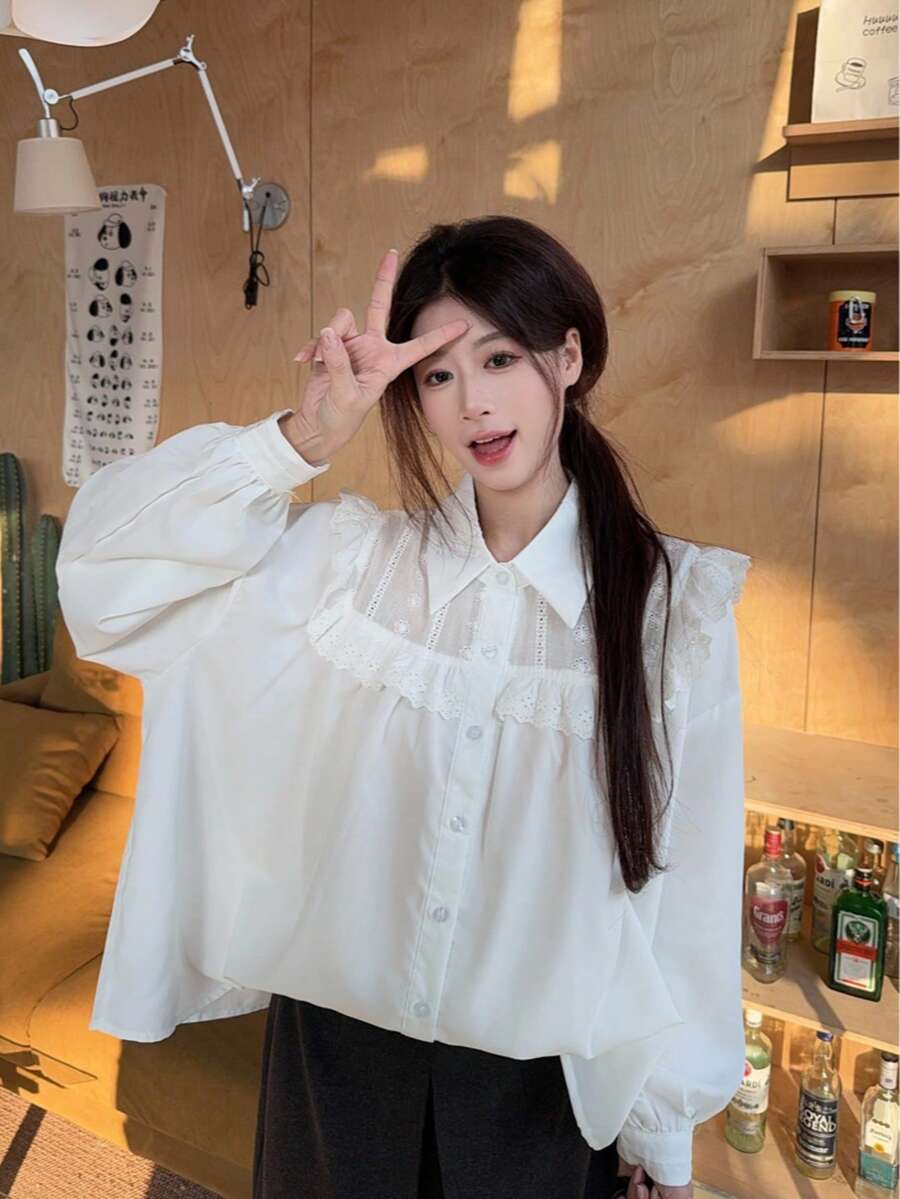 Korean Design Lace Trim Loose Casual Long Sleeve Shirt, Early Spring - White - View 1