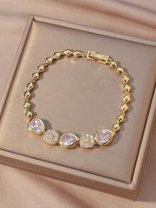1pc Gold Heart Rhinestone Bracelet - Sweetly Sparkling Everyday Jewelry - Gold - View 4