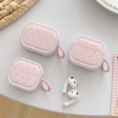 Pink Polka Dot Bluetooth Earphone Cases Polka Dot Double-Sided Full Print Design With 1 Pink Round Button, Compatible With Apple 4, Pro 2/Pro 3/3rd Gen Bluetooth Earphone Case Protective Cover (Earphones Not Included) Spring Birthday Gift