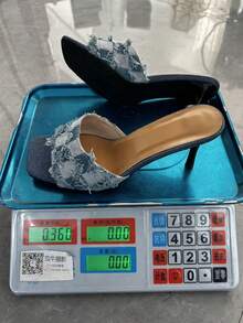 2026早春新款女士细跟露趾穆勒鞋，浅蓝色牛仔格纹流苏高跟凉鞋 - 淺藍色 - 查看 9