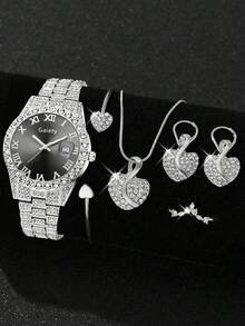 6pcs/Set Women's Quartz Watch, Luxury Design Ladies' Watch With Alloy Steel Band, Rhinestone Decor, Three-Eye Roman Numeral Dial And Alloy Jewelry Set, Heart-Shaped Pointed Diamonds, Suitable For Formal Occasions, Valentine's Day