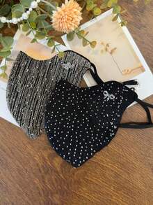 1pc Women's Fashion Face Mask With Rhinestones, Bow & Heart Design, Breathable, Washable, Suitable As Decorative Accessory - Multicolor - View 2