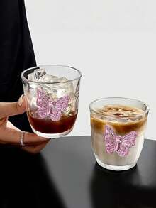 1个独特创意粉色蝴蝶结玻璃杯，高品质ins风咖啡杯，优雅下午茶杯，家用饮水杯，早餐牛奶杯，茶杯 - 彩色 - 查看 4