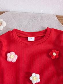 Bộ 2 món áo nỉ dài tay cổ tròn họa tiết hoa cho bé gái, thích hợp mặc mùa xuân/thu. - Đỏ - Xem 3