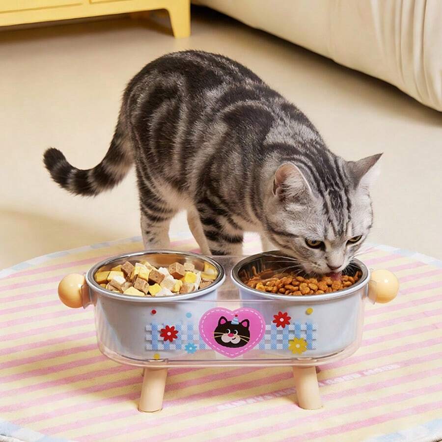 1pc Cute Cartoon Pet Feeding Double Bowl, Neck-Protecting Raised Stand, Anti-Slip Anti-Spill Pet Bowl - 500ml - View 1