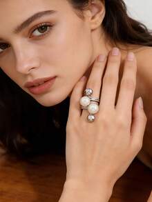 1pc Adjustable Exaggerated Opening Pearl & Diamond Flower Ring - WR936 With Two Pearls - View 1