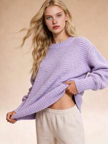 Women's Mock Neck Chunky Knit Sweater, Oversized Textured Multi-Color Pullover, Cozy & Stylish Spring Essential, Elegant Side Split Long Sleeve Jumper, Casual Spring Knit Top, Transitional Layer Piece, Perfect For New Year & Valentine's Day - 紫色(升級款) - 查看 5