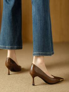 Qiluyuan Women's Fashion Pointed Toe Slip-On Pumps, Sexy High Heels, Metallic Accent, Suitable For Casual, Party, Holiday Occasions, Available In Black, Beige, Brown - Brown - View 9