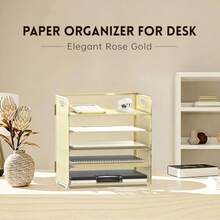 SUPEASY Organizador de 5 Bandejas de Papel Bandeja de Cartas con Asa - Organizador de Archivos de Escritorio de Malla Organizador de Escritorio Clasificador de Papel para Oficina Hogar o Escuela - Dorado - Ver 2