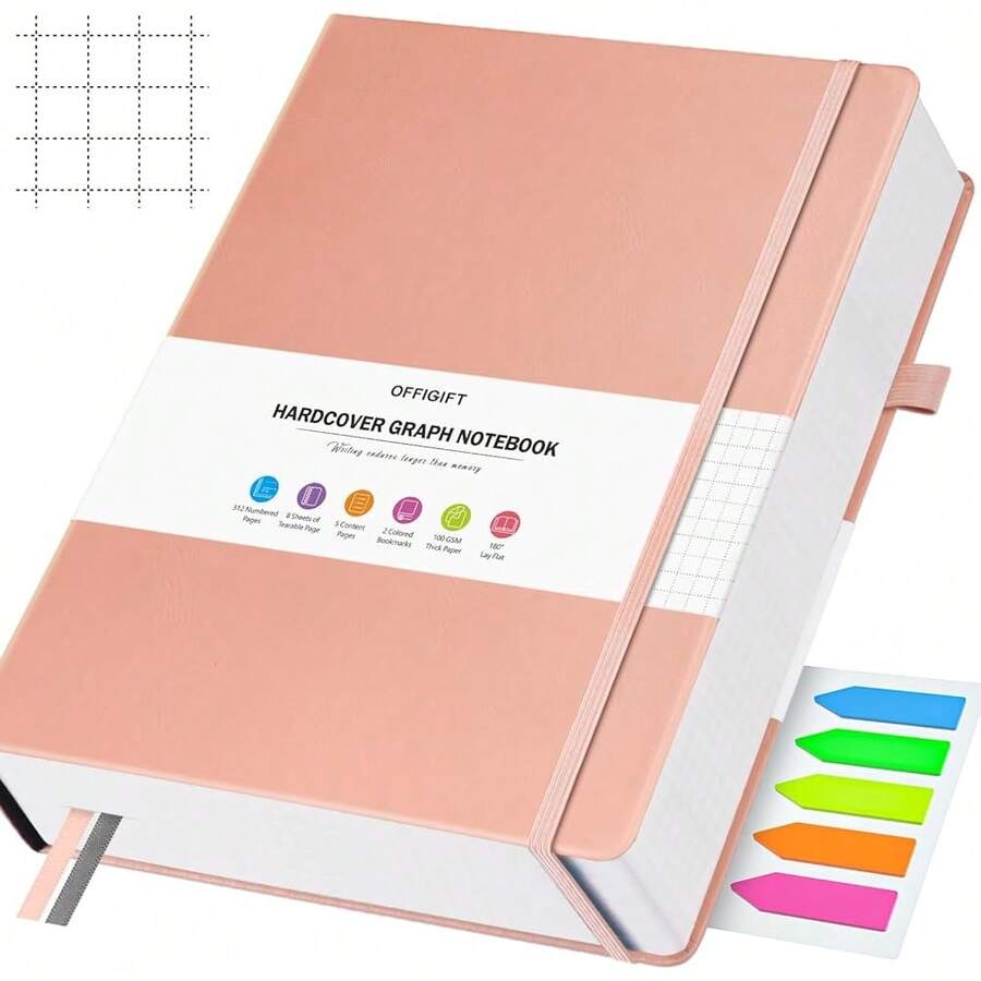 Graph Paper Notebook, 312 NFUmberssed Pages B5 Hardcover Leather Journal, 100gsm No Bleed Grid Paper Notebook With Index Pages, Grid Notebook For Graphing Notes Math, 7.6'' X 10'', Pink - Pink - View 1