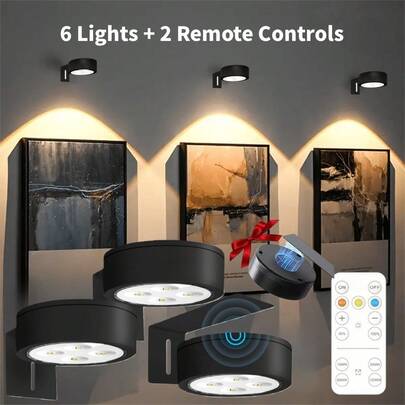 6/3/1pcs Wireless Metal Wall Lamp, LED Picture Frame Light, Battery Powered, Wireless LED Painting Light, Wall Decor Lamp, Night Light, Fairy Light, Lighting, Magnetic Wireless Wall Light, Wireless Spotlight, Dimmable & Timer Remote Control Display Lamp, 3 Lighting Modes Art Display Light Suitable For Picture Frames, Artwork, Portraits, Round Lamp 150mAh