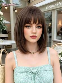XYUNMI 经典深棕色短款波波头合成假发，轻盈刘海，女士假发，柔软蓬松，现代时尚风格，日常佩戴，简约休闲，适合约会，耐热假发，12英寸 - 棕色 - 查看 12